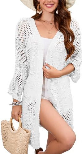 Famulily 3/4 Sleeve Open Front Hollow Cardigans for Women Crochet Knitted Sweater Outerwear (M, White)