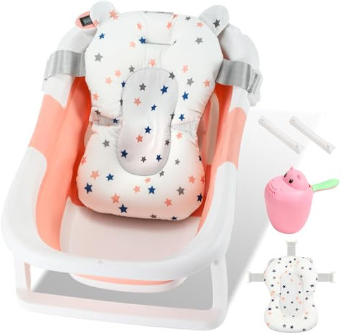 SWANEW Baby Badewanne Faltbar Babywanne Klappbare mit Einsatz Babybadewanne, mit Thermometer und Bath Mat, Baby-haarwaschbecher, Rutschfeste Baby Bathtub für Neugeborene 0-6 Jahre, Rosa