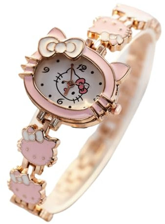 FASHION YO Reloj analógico de cuarzo con correa de acero inoxidable para gatos y niñas, regalos de cumpleaños para niños, Hello Kitty Pink, Moderno