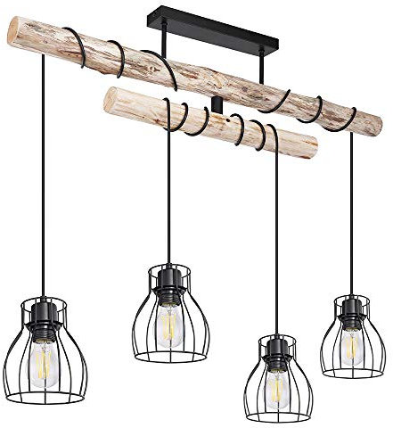 LED Hängeleuchte Holzbalken Holzleuchte 4 Flammig Esszimmerlampe Pendelleuchte Höhenverstellbar, Metall schwarz, 4x 7W 630Lm warmweiß, LxBxH 90x14x100 cm