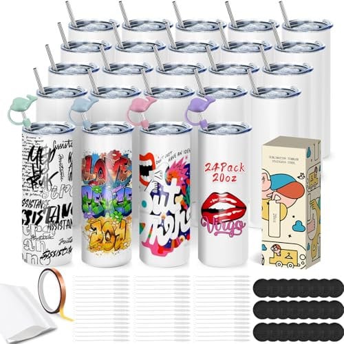 24 Stück Sublimation Rohlinge 20 oz Trinkhalm für Tassen, Sublimationsgläser Skinny Tumbler mit Deckel und Strohhalm, Weiß Gerader Edelstahlbecher mit Metall, Sublimationsbecher für Wärmeübertragung