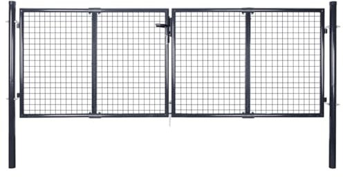 JUDYY Mesh-Gartentor, Gartentür, Gartentüren, Gartenzaun Tür, Zauntür, Flügeltore, Garten Türe, Maschendrahtzaun, Verzinkter Stahl 289 x 100 cm Grau