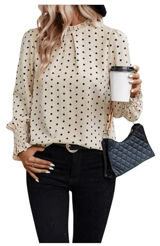 GORGLITTER Damen Bluse Elegant Blusetop Office Bluseshirt mit Bishop Ärmel Tunika Vintage Oberteil Blusehemd Aprikosenfarben L