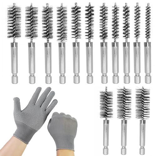 14 cepillos de alambre cilíndrico de diámetro 1/4, 8-25 mm, cepillo de alambre cilíndrico para taladro, cepillo para agujeros con un guante, para pulir, taladros de impacto