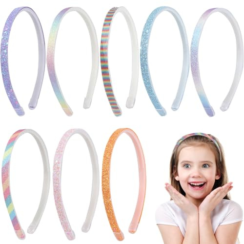 Lot de 8 bandeaux à cheveux pailletés, arc-en-ciel, antidérapants, dentelés, en plastique pour enfants et filles