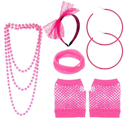 ZEYIYER 80er Jahre Accessoires Damen, 80er Jahre Outfit Damen Mottoparty, Blumenstirnband Perlenkette Ring Spaltring Handschuhe Transparente Ohrstöpsel für Karneval Fasching