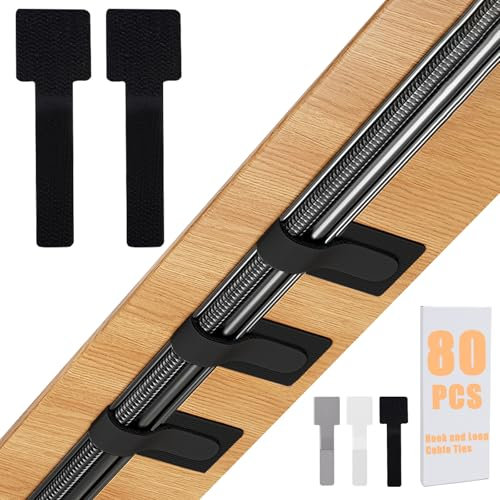 Hook and Loop Cable Management Under Desk, 80PCS Self Adhesive Cable Ties, Reusable Wire Organizers for Cords, Adjustable Cable Straps Clips, Home Office Essentials (Black)
