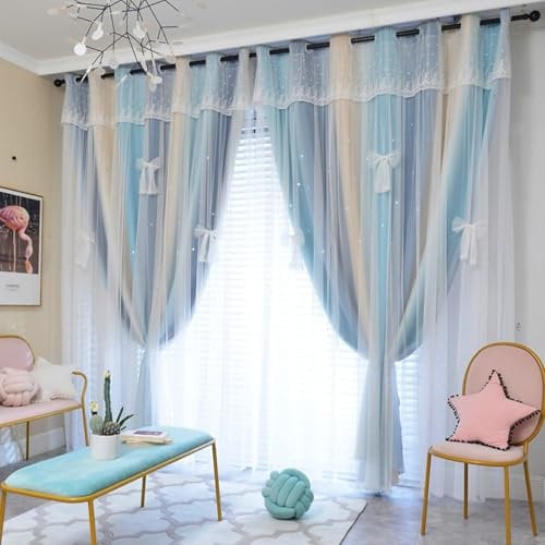 Aotiwe Verdunkelungsvorhang Vintage, Gardine Boho Farbverlauf Blau Outdoor Vorhang Balkon Polyester 2er Set 107 x 214cm