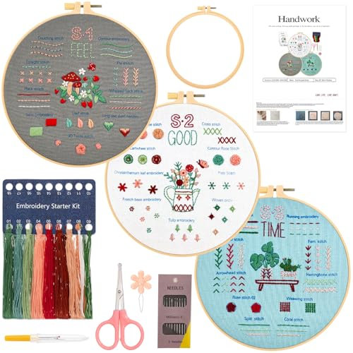 JSRQT 3 Stück Stickerei Kit für Anfänger, Verschiedene Stiche Stickerei Set,Stich Praxis Stickerei Kit für Erwachsene,Embroidery Stitch Practice Kit für DIY Kunst