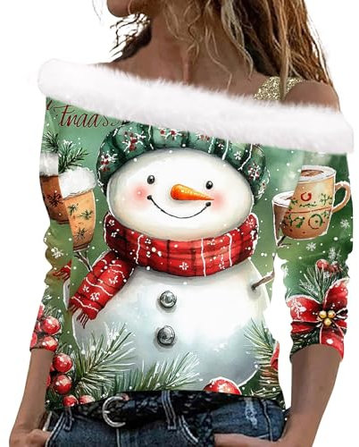 Weihnachtspullover Damen Langarmshirt Pullover Weihnachten Sweatshirt Weihnachtsshirt Damen Langarm mit Schneemann Weihnachtsmotiv Große Größen Weihnachts T-Shirt für Frauen Mädchen(Light Green,L)