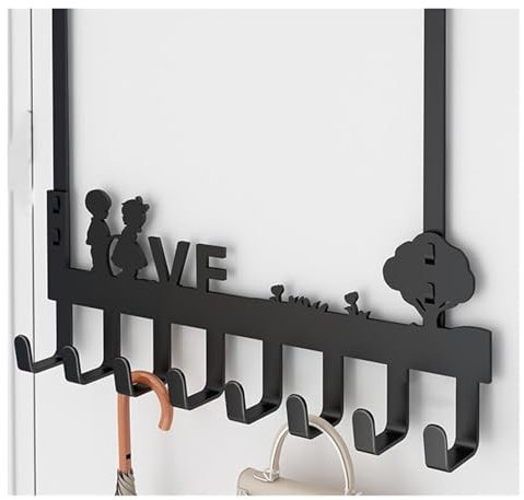 Door Hooks，Over Door Hook Hanger with 8 Heavy Duty Iron Hooks,Black Coat Hooks Rack Wreath Door Hanger Key Holder Storage for Bedrooms Kitchen Bathroom Jackets Purses Bags Clothes and Towels(Black,Lov