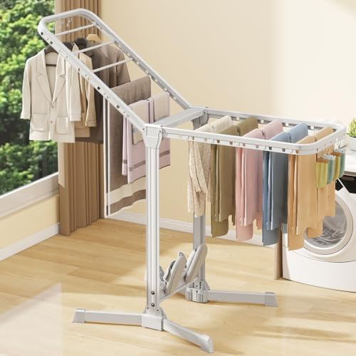Tendedero plegable, de aluminio, grande, con 2 alas de secado de altura ajustable, estantes de lavandería para secar ropa, fácil de plegar, uso en interiores y exteriores