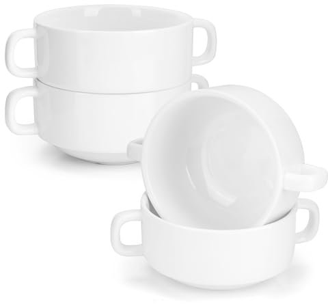 Aramanara 4 Pcs 8.8 oz Soup Bowls with Handles, Ceramic French Onion Soup Bowls, White Serving Bowls for Dessert, Baking, Pudding, Cereal, Snack, Fruit