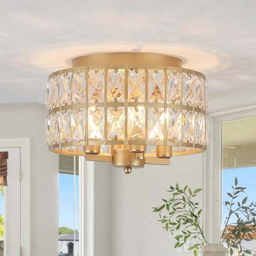 JHLBYL Goldfarbene Kristall-Deckenleuchte, runder Kronleuchter mit 4 Leuchten und dimmbarer E14-Fassung, moderne, elegante Deckenleuchte für Wohnzimmer und Schlafzimmer