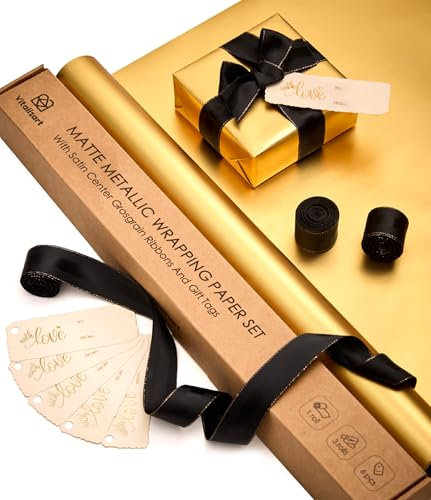 Vitalizart Goldenes Metallic-Geschenkpapier 43 cm x 5 m mit 3 Rollen Schwarze Geschenkband und 6 Geschenkanhängern, Geschenkpapierset für Geburtstage, Hochzeiten, Baby-Showern und Weihnachten