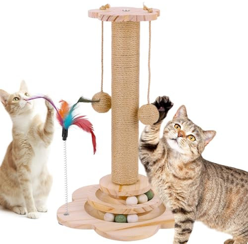 FitRepa Cat Scratching Post Multifunctional Cat Scratch Post - with Solid Wooden Base, Interactive Track & Spring Feather Toy, Scratching Posts For Indoor Cats (46cm Tall)