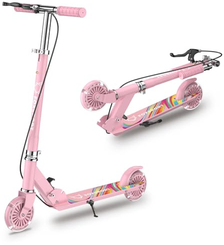 FOXSPORT Trottinette Pliable pour Enfants, Deux Roues - Roues éclairées par LED, 3 hauteurs réglables, Charge maximale de 100 kg, pour garçons et Filles à partir de 3 Ans (Rose)