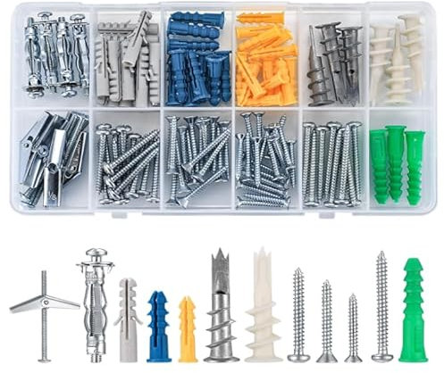 Yuhtech Set di 200 viti e tasselli, inclusi 100 tasselli in cartongesso, 100 viti a testa piatta a croce