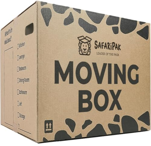 SAFARIPAK - 15 Pack Strong Extra Large Reusable Cardboard Storage Packing Moving House Boxes 52cm x 52cm x 40cm with Carry Handles and Room List Checkboxes - 108 Litres Capacity