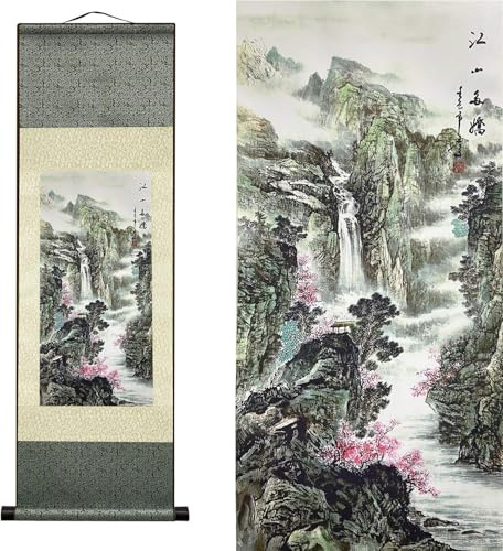 AtfArt Silk Scroll Painting, Asian Landscape, River Scroll, 36.2x12in | River Landscape Art, Traditional Chinese Wall Scroll for Living Room, Bedroom, Office Decor