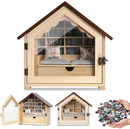 JAZUIHA Miniatur Bücherregal Holz 300+ Bücher Stressabbau Deko Geschenk | Anxiety Bookshelf zum Schütteln, Haus Design im Landhaus-Stil, Anti-Angst-Ornament für Wohnzimmer und Büro, Naturholz