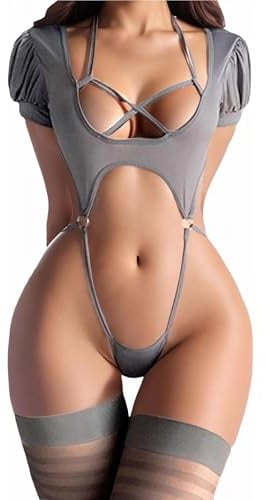 Fjquamitix Sexy Lingerie for Women Sets Bodysuit with Stockings Halter Neck Naughty Nightwear for Role Play Cosplay & Bedroom Valentine's
