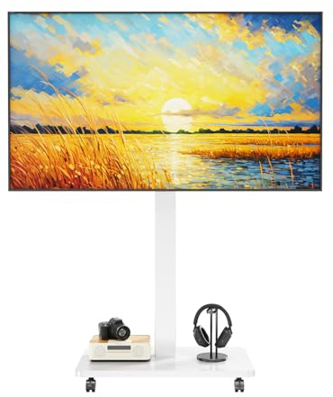 CNTSLNB TV Stand on Wheels for 10-46 inch TVs up to 40kg, White | Height Adjustable, 90° Rotating, Cable Management, Portable TV Stand with Wood Base, Max VESA 200x200mm