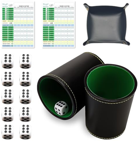 Weciau Würfelbecher Set, Kniffelbecher Set mit 2 Würfelbecher Leder, 2 Würfelbrett, 10 Würfeln, 100 Spielpapier, Knobelbecher Leder Set, Spielblöcke für Würfelspiele für Familienspiel