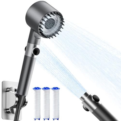 Filter Shower Head with 1.5M Shower Hose, 4 Mode High Pressure Shower Heads with ON/Off Switch, Water Saving Filtered Showerhead Power Shower Head for Remove Chlorine, Silver Gray