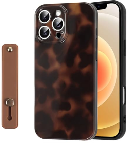 Rainway for iPhone 16 Pro MAX Case Cute Leopard Print Amber Tortoise Camera Protection for Women Girls with Wrist Adjustable Hand Strap, Aesthetic Silicone Shockproof Protective Cover - Brown