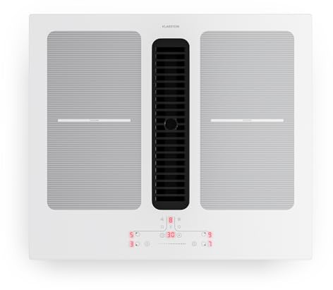 Klarstein Full House Vitrocerámica con Extractor - 60cm, 4 Zonas Inducción, 7335W Boost, Zonas Flex, Control Táctil, Temporizador, Bloqueo Infantil, Indicador Calor Residual, Clase A, White