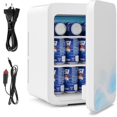 KioGro Mini Kühlschrank 20L,2 in 1 Kleiner Kühlschrank,mit Glasfront | 220V AC/12V DC,Mini-Kühlschränke,Tragbarer Skincare Fridge für Kosmetik,Getränke,für Auto/Büro/Camping,Blau+Weiß