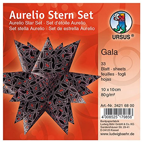 Ursus 34216800 - Faltblätter Aurelio Stern Gala, schwarz / rosa / rot, 33 Blatt, aus Papier 80 g/qm, ca. 10 x 10 cm, beidseitig bedruckt, ideal als Weihnachtsdeko