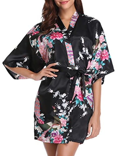 Vlazom Kimono Japonais Femme Mariage Satin Court Peignoir Bride Paon kimono Mariage Peignoir Bridesmaid Chemise de Nuit,S,Noir