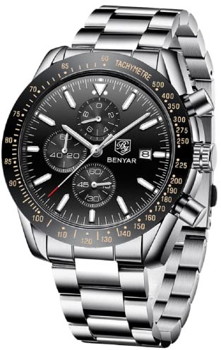 BENYAR Uhren Herren Chronograph Analog Wasserdicht Armbanduhr Herren Edelstahl Großes Ziffernblatt Leuchtende Datum Herrenuhren Lässig Business-Kleid Uhren fur Männer Klassische Elegantes Geschenk