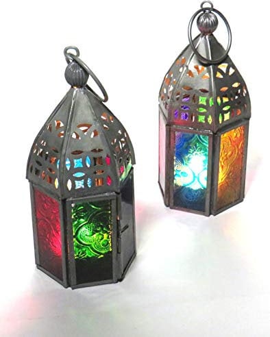 Purity 2er Set Marokkanischer Stil Mini Laterne Teelichthalter mit mehrfarbigem Glas