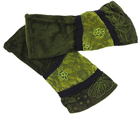 Kunst und Magie Damen Samt Armstulpen Stulpen Handwärmer Handschuhe mit Spitze, Farbe:Grün