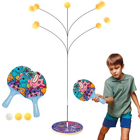 Surplex Tischtennistrainer mit Elastischem Weichem Schaft, Mit 2 Schlägern Und 3 Übungsbällen Für Anfänger/Selbsttraining/Freizeit/Dekompression/Kind Indoor Outdoor Spielen