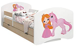 Happy Babies - Doppelseitiges KINDERBETT MIT SCHUBLADE Modernes Design mit sicheren Kanten und Absturzsicherung Schaumstoffmatratze 7 cm Leichte Birne (Prinzessin und Einhorn, 140/70)
