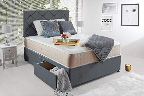 GHOST BEDS Haniya Plush Divan Bed With Memory Sprung Mattress, 2 Drawers and 24 Inch Headboard (3FT Single, Grey)