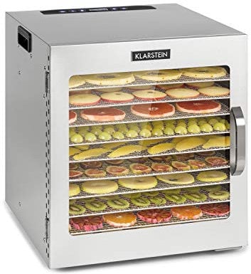 KLARSTEIN Captain Jerky 110 - Essiccatore, 1000 W, Temperatura: 30-90 °C, Timer 24h, Senza BPA, Pannello Touch, 10 Ripiani, Sportello in Vetro, Essiccatore di Acciaio, Vaschetta di Raccolta, Argento