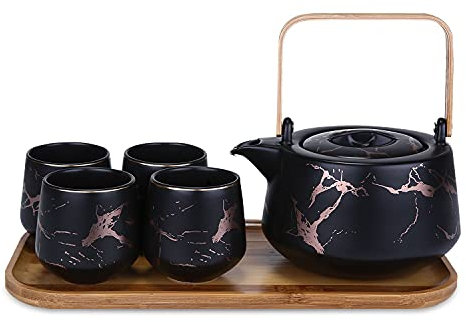 ENJOHOS Juego de té de mármol negro para adultos con bandeja de madera de cerámica tetera (40 onzas) con 4 tazas de té de porcelana (6.5 onzas) moderno juego de té japonés para el hogar y la oficina