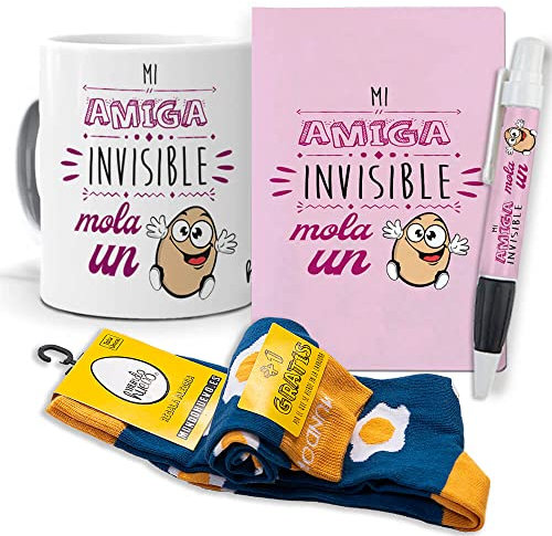 mundohuevo Super Regalo Personalizado para Amigo Invisible. Mi Amiga Invisible Mola un Huevo. Taza, libreta, boli y Trio de Calcetines