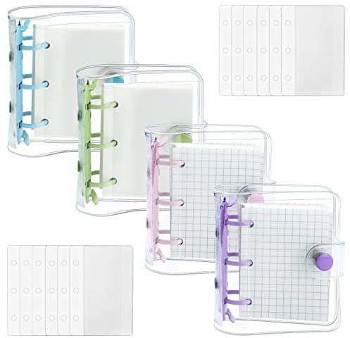YETOOME 4 Stück Mini Transparente 3 Ringbuchhüllen mit Mini Binder Innenpapier und Taschen Klar Weich PVC Notebook Verschluss Lose Blätter Ordner Runde Ringbuch Cover Protector mit Druckknopf
