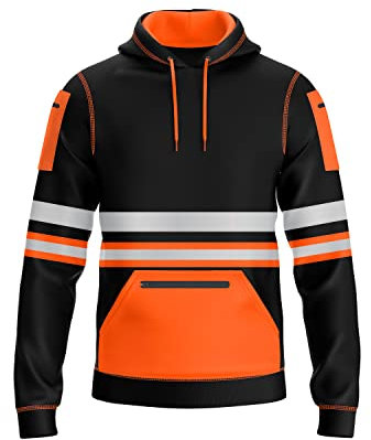 mymixtrendz Hi Vis Mens Pullover Hoodie Reflective Tape Safety Work Multi Zipped Pockets Drawstring High Viz High Visibility Hoodie Sweatshirt Orange Black