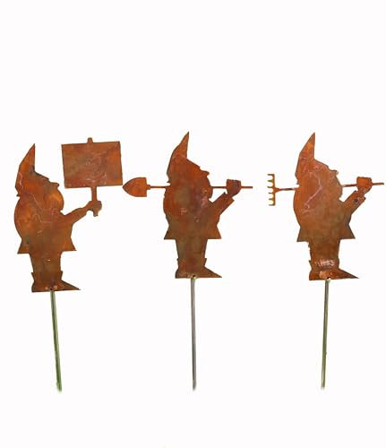 D&L Lasertec Edelrost Gartenzwerg, Gartenstecker, Set, 3er Set