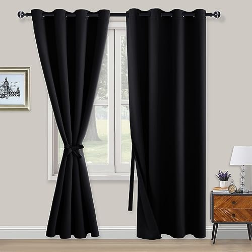 XWZO Blickdichte Vorhänge Verdunklungsvorhänge mit Ösen 2 Stücke Gardienen mit Raffhalter Lichtundurchlässige Vorhänge für Schlafzimmer,WonhzimmerBüro, 220x140 cm, Schwarz