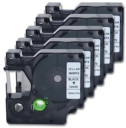 Doree 5pack Compatible Label Tape 45013 S0720530 12mm x 7m Black on White for DYMO LabelManager 160、210D、220P、280、350D、360D、400、450、DYMO LabelPoint 100、150、 200、250、300