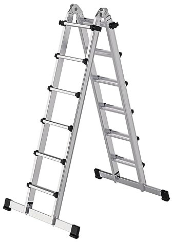 PROREGAL Teleskopleiter | 4-teilig | mit Traverse | 4x6 Sprossen | Leiter, Teleskopleiter, Trittleiter, Bockleiter, Sprossen-Doppelleiter
