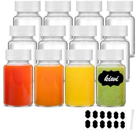 YBCPACK Confezione da 12 mini bottiglie riutilizzabili in vetro trasparente, 60 ml, per succhi di frutta, zenzero, piccoli barattoli di vetro con coperchio, etichetta, penna. (lavabili in
